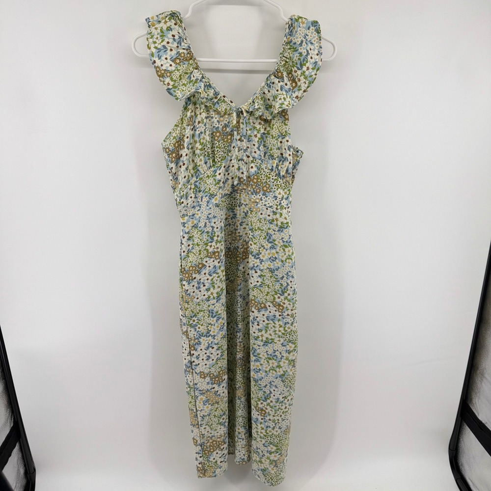 Monteau Los Angeles Womens Blue Green Floral Ruffle Smocked Midi Dress Large